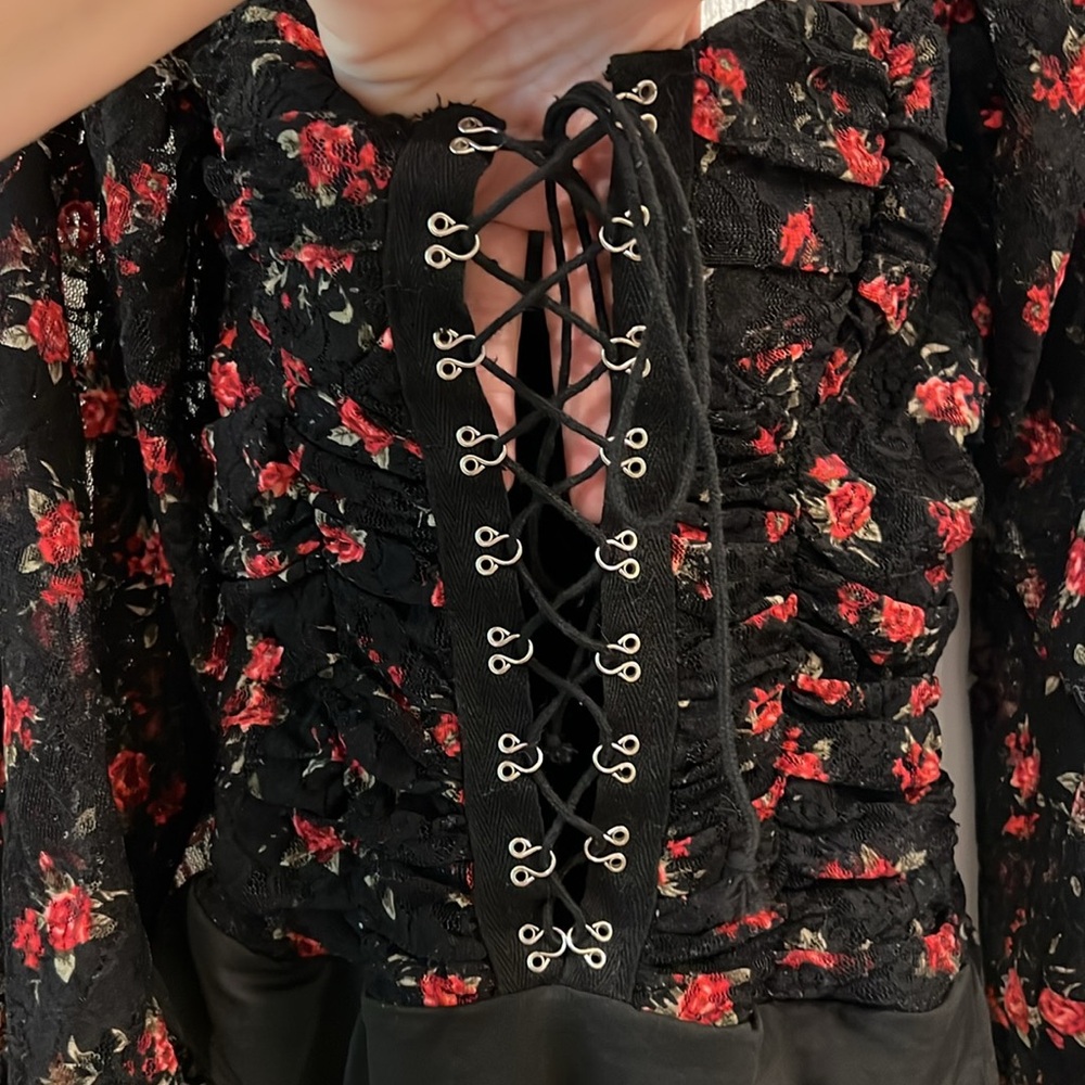 Windsor Floral lace up Bodysuit Top sheer sleeves